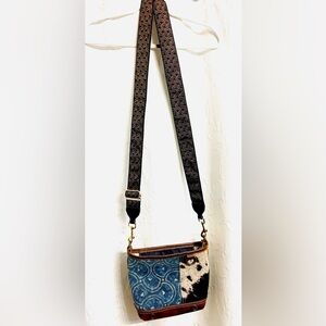 Mira Western-Vaquero Leather Cowhide & Denim crossbody Purse Bag 8.5” x 10”